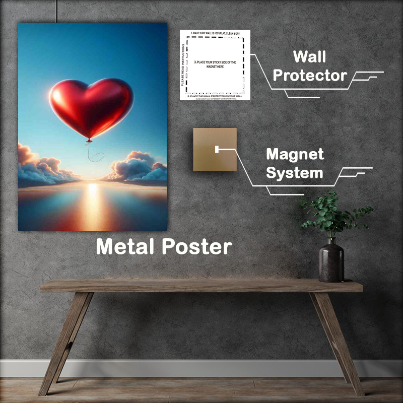 Buy Metal Poster : (Love Ascends Red Heart Balloon Sky)