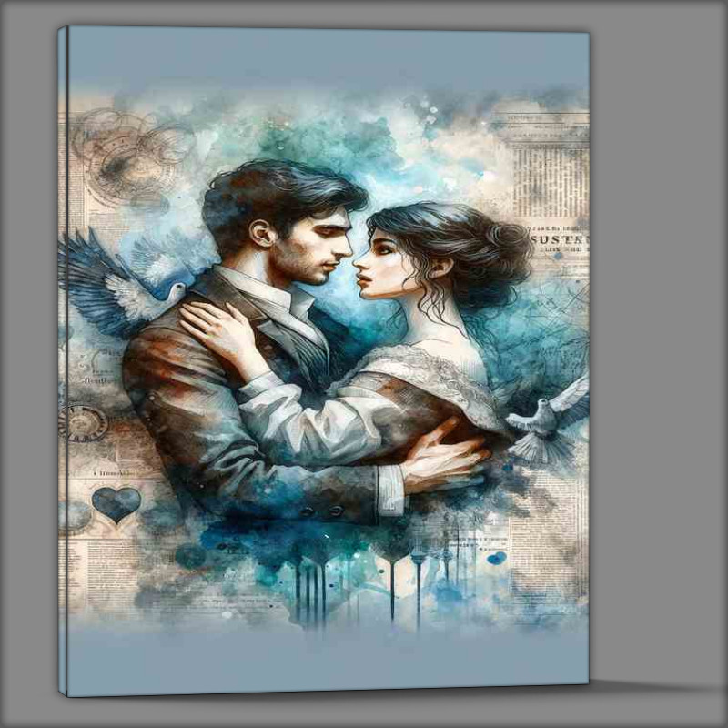 Buy Canvas : (Romantic Embrace Watercolor Newspaper Background)