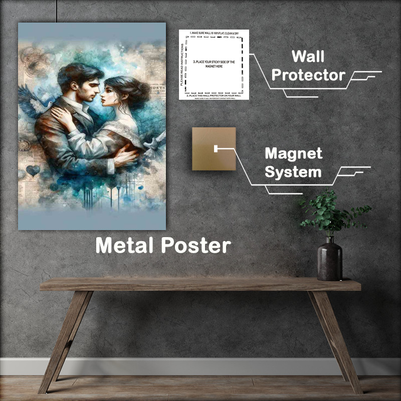 Buy Metal Poster : (Romantic Embrace Watercolor Newspaper Background)