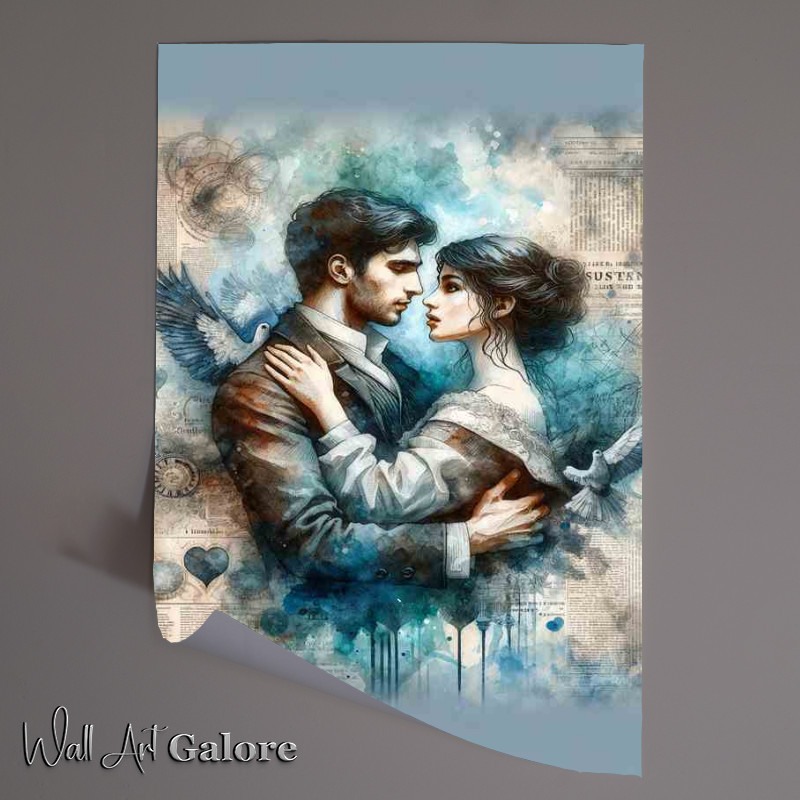 Buy Unframed Poster : (Romantic Embrace Watercolor Newspaper Background)