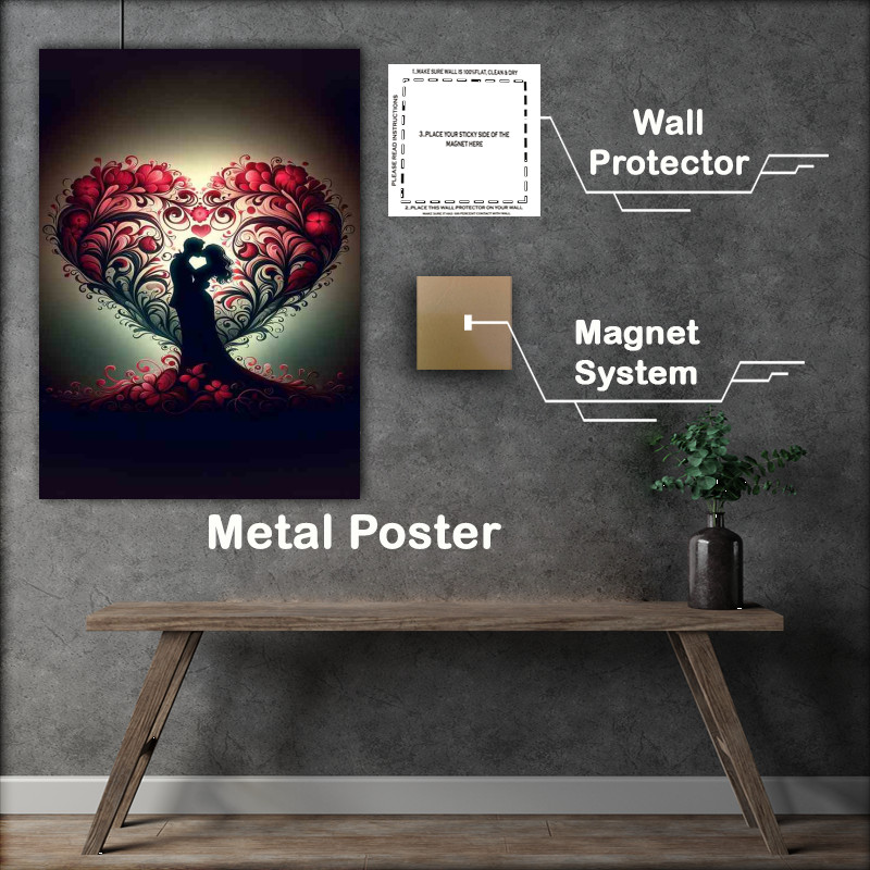 Buy Metal Poster : (Romantic Silhouette Kiss Floral Heart shape love)