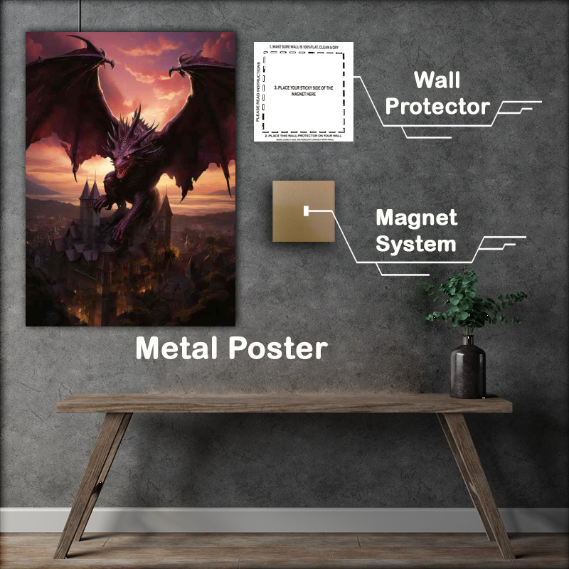 Buy Metal Poster : (A Dragon flying high over the town and castle)