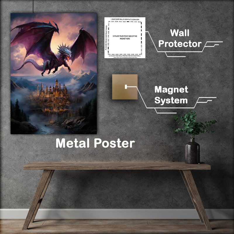 Buy Metal Poster : (A blue dragon flying over a castle)