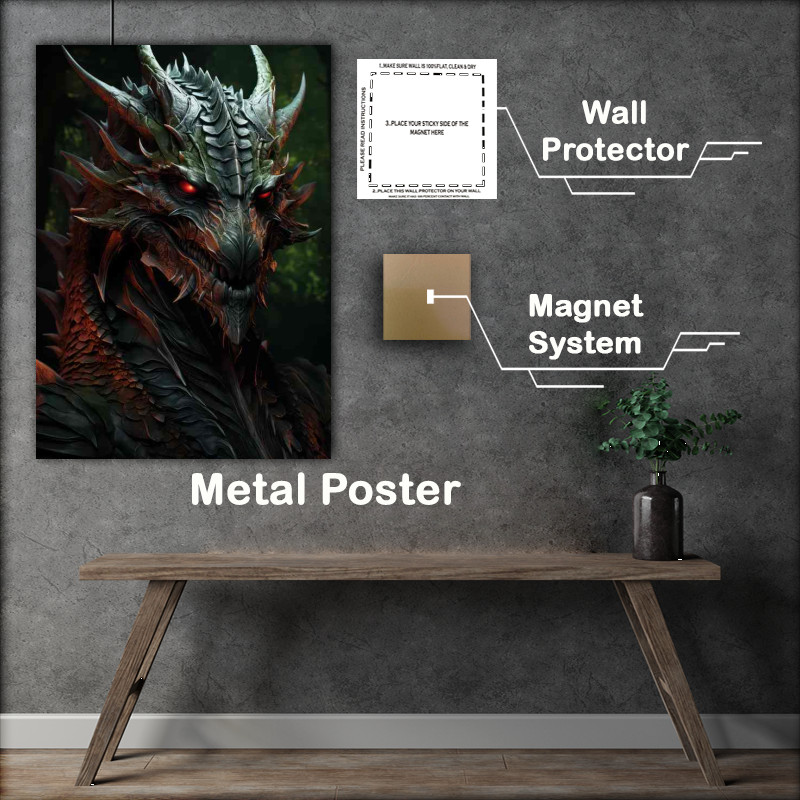 Buy Metal Poster : (A green and red dragon with fanged teeth)