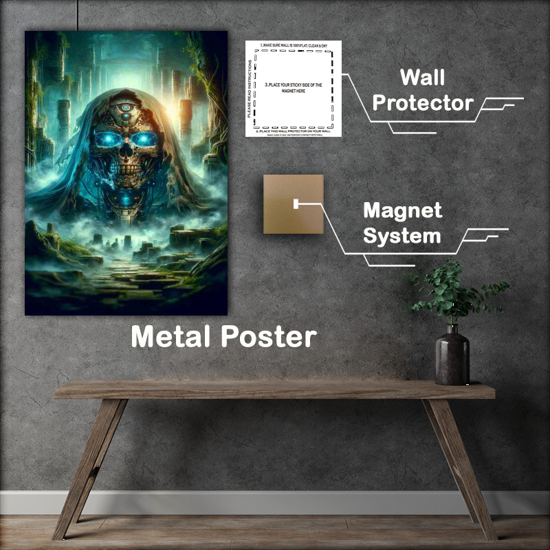 Buy Metal Poster : (Cybernetic Skull Entity in Misty Ruins)