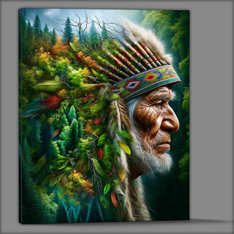 Buy Canvas : (Visionary Forest Elder an indigenous elder with a headdress)