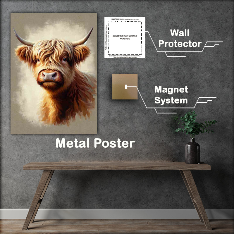 Buy Metal Poster : (Charming Highland Cow Head - Oil Painting style)
