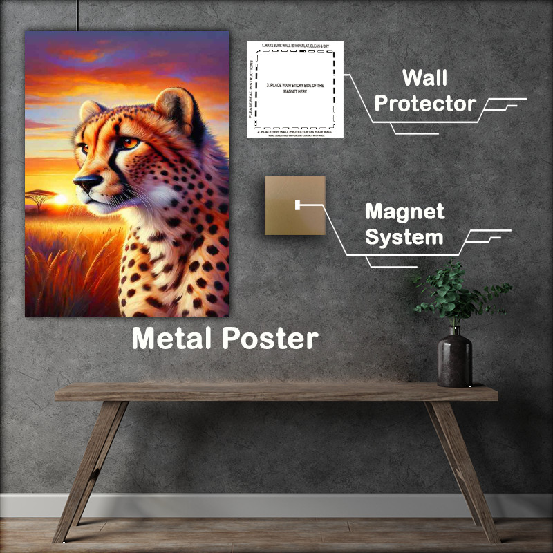 Buy Metal Poster : (Elegant Cheetah in Savanna Sunrise)