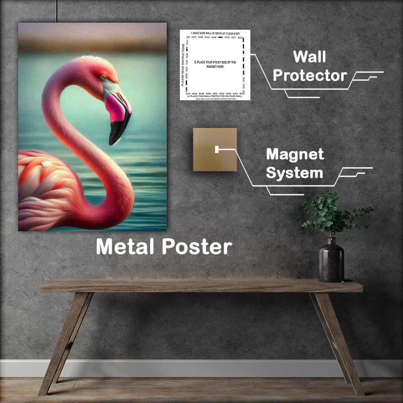 Buy Metal Poster : (Flamingo Serenity in the style of Oil Painting Beauty)