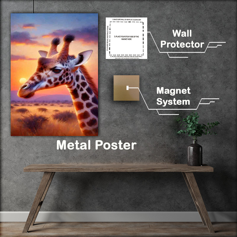 Buy Metal Poster : (Giraffe in Savannah Sunset Oil Painting style)