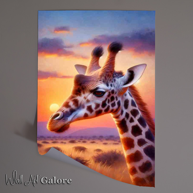 Buy Unframed Poster : (Giraffe in Savannah Sunset Oil Painting style)