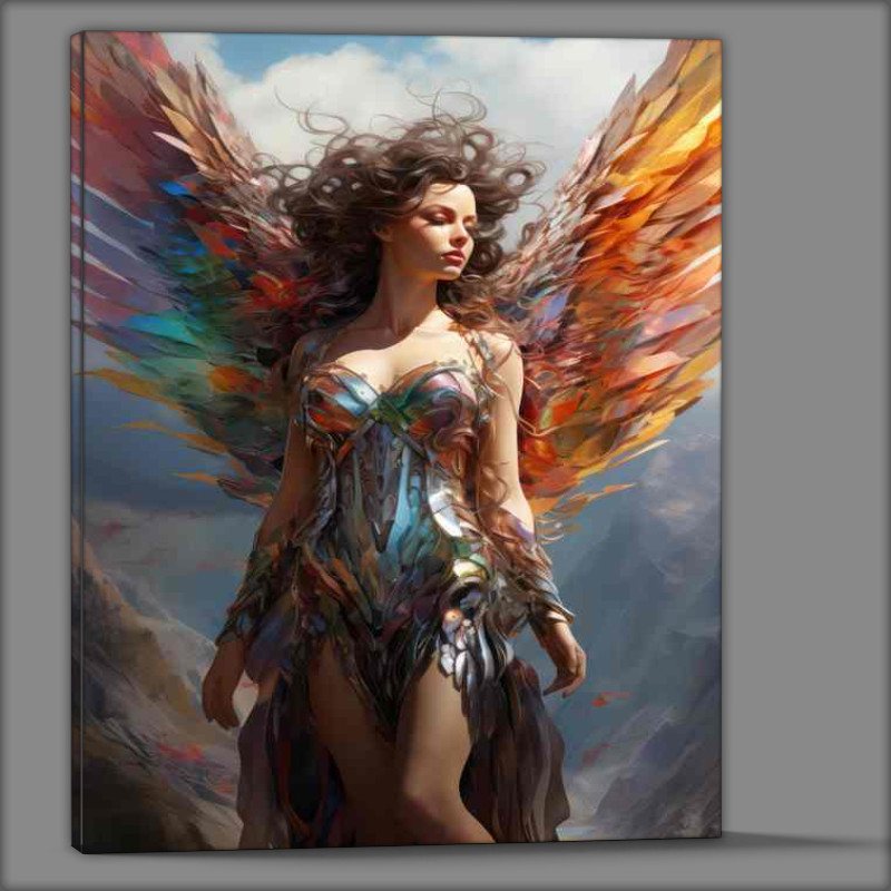 Buy Canvas : (Bright colored angel with wings standing blue sky background)