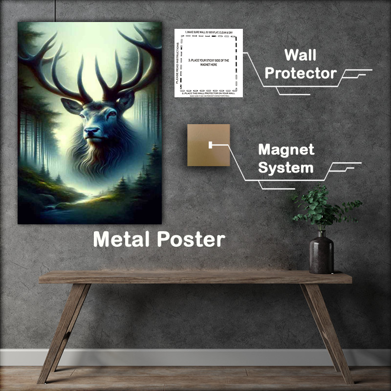 Buy Metal Poster : (Magnetic Stag in Misty Forest mystical and magical)