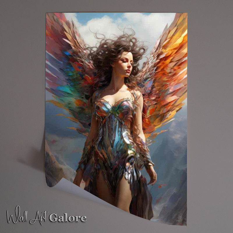 Buy Unframed Poster : (Bright colored angel with wings standing blue sky background)