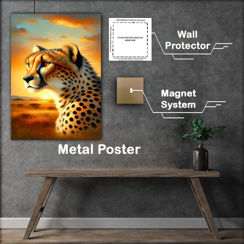 Buy Metal Poster : (Savanna Sunrise head of an elegant cheetah)