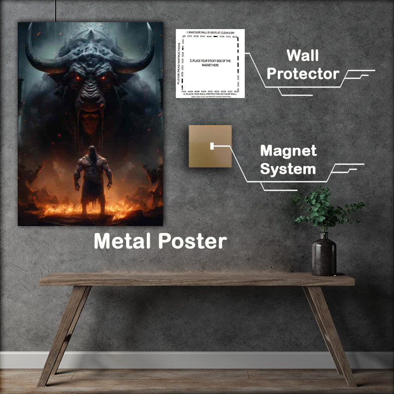 Buy Metal Poster : (Bull in a fantasy battle vs man)