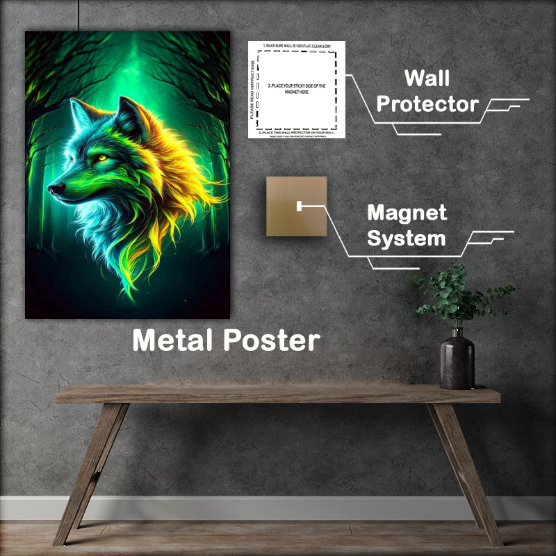 Buy Metal Poster : (A Wolfs head contrasting with a dark forest)