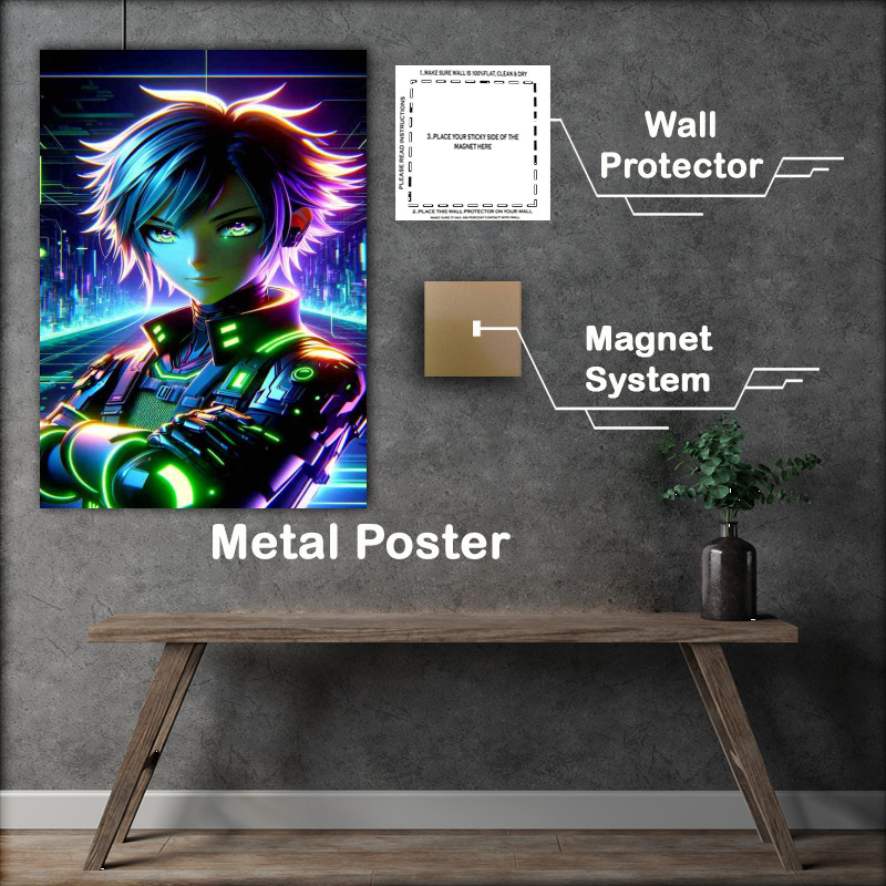 Buy Metal Poster : (A anime character with a sci fi in neon colors)