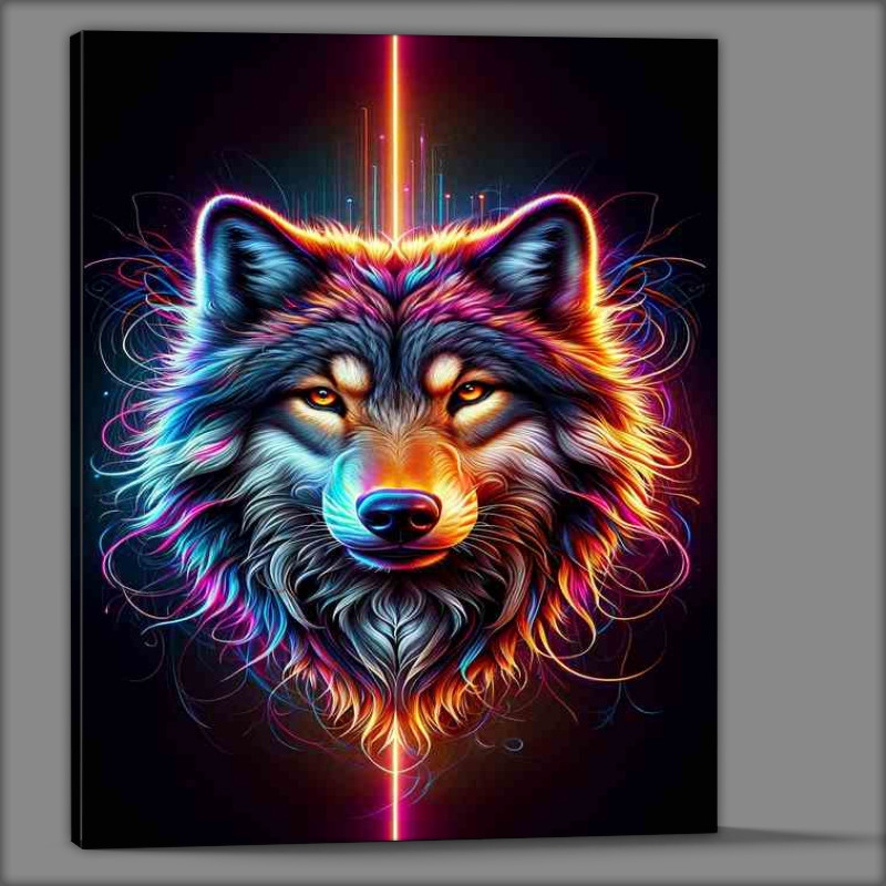 Buy Canvas : (A detail noble wolfs head in neon digital art style)