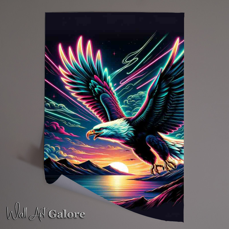 Buy Unframed Poster : (A eagle soaring in the sky portrayed in a neon art style)