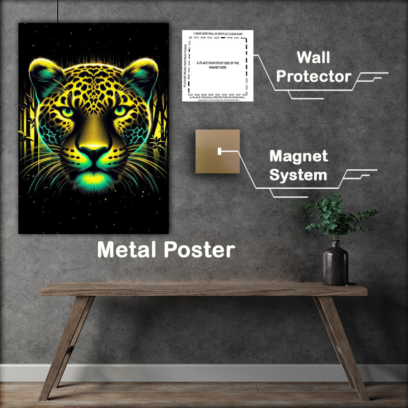 Buy Metal Poster : (A fierce leopards head with neon yellow and black tones)