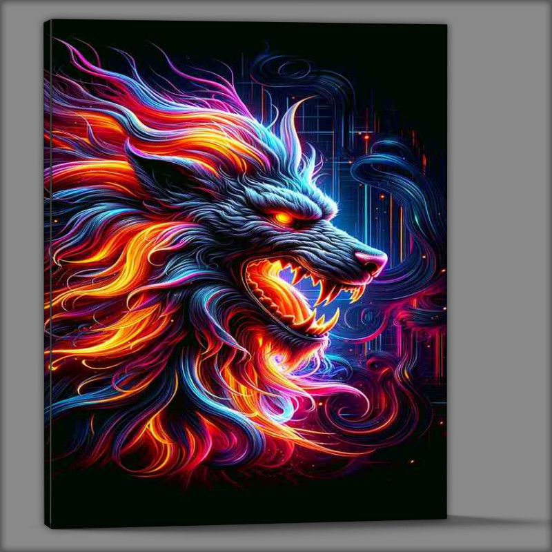 Buy Canvas : (A magnificent cerberus head enhanced with vivid neon colors)