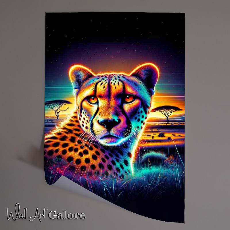 Buy Unframed Poster : (A majestic cheetahs head in neon art style African savanna)