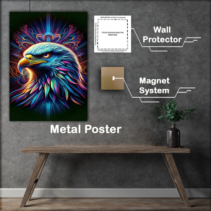 Buy Metal Poster : (A majestic eagles head in a neon digital art style)
