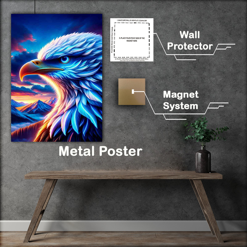 Buy Metal Poster : (A majestic eagles head, with neon blue and white tones)