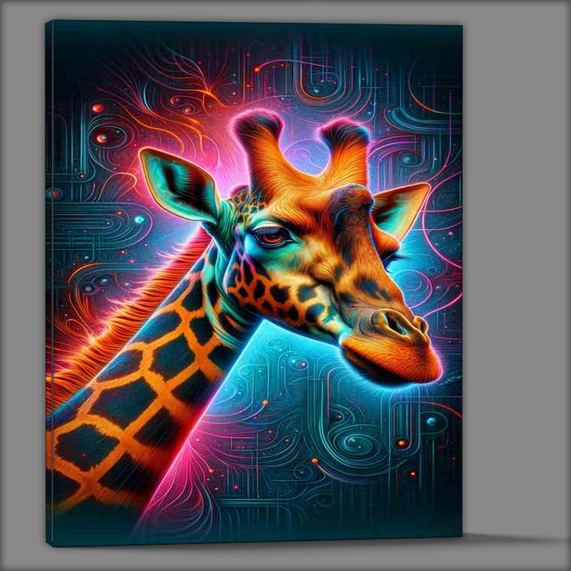 Buy Canvas : (A majestic giraffes head in neon digital art style)