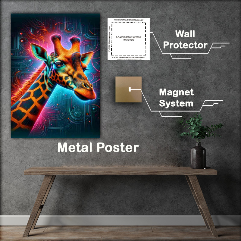 Buy Metal Poster : (A majestic giraffes head in neon digital art style)