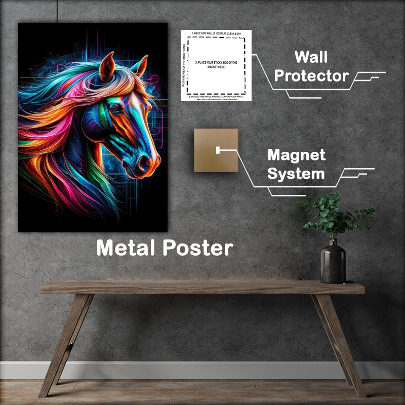 Buy Metal Poster : (A majestic horses head in neon art strength and beauty)