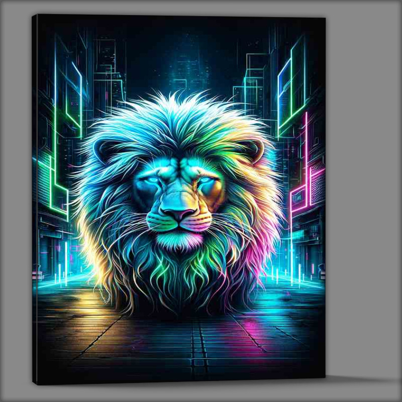 Buy Canvas : (A majestic lion with a neon cyberpunk twist)