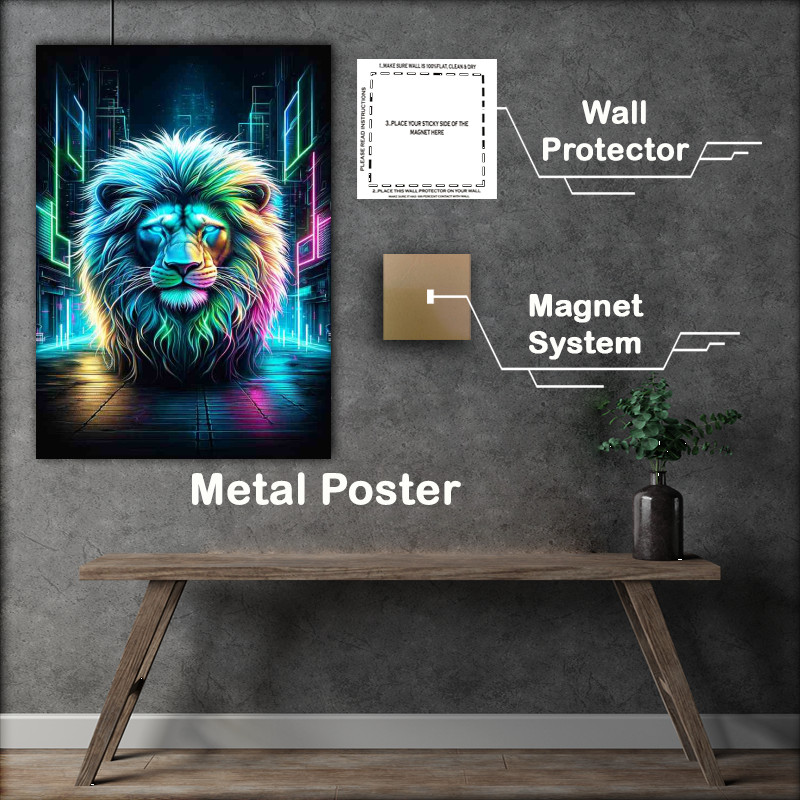 Buy Metal Poster : (A majestic lion with a neon cyberpunk twist)