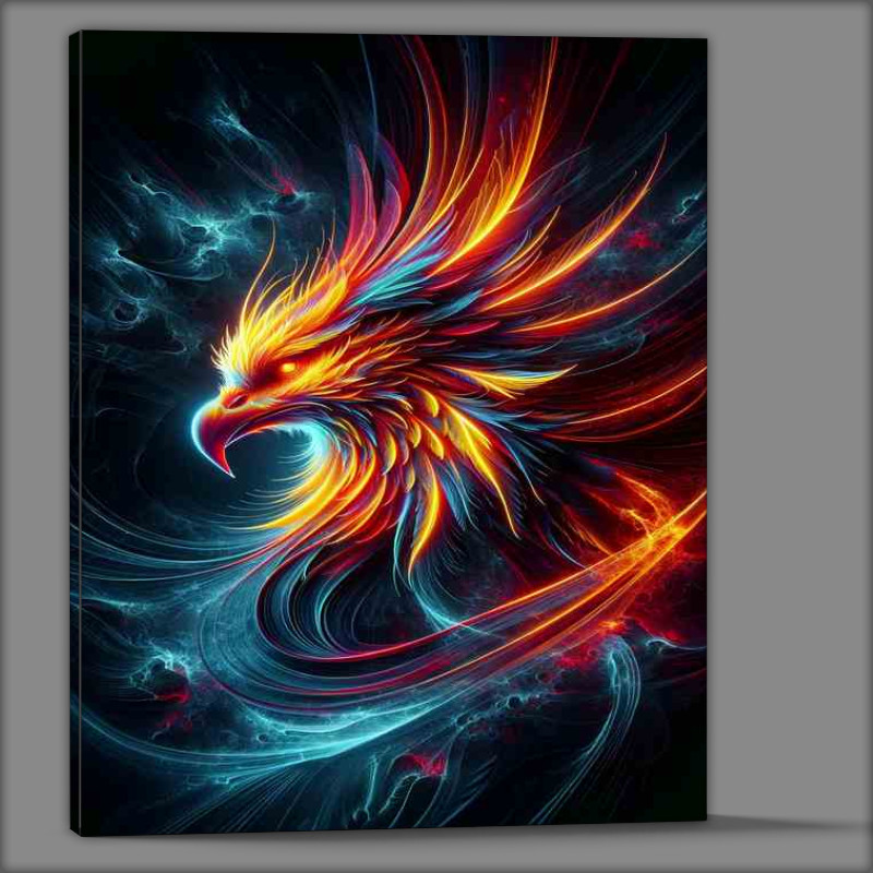 Buy Canvas : (A majestic phoenix head glowing with intense neon colors)