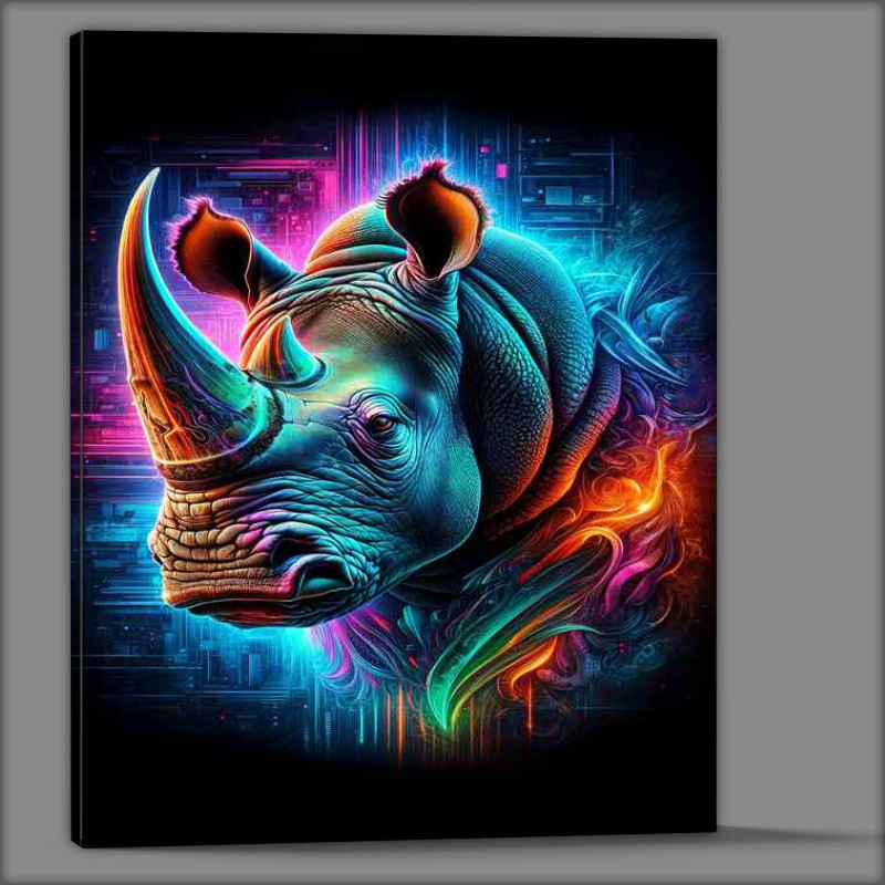 Buy Canvas : (A majestic rhinoceross head in neon digital art style)