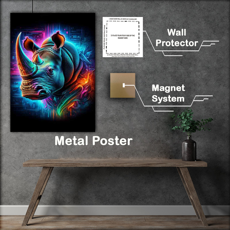 Buy Metal Poster : (A majestic rhinoceross head in neon digital art style)