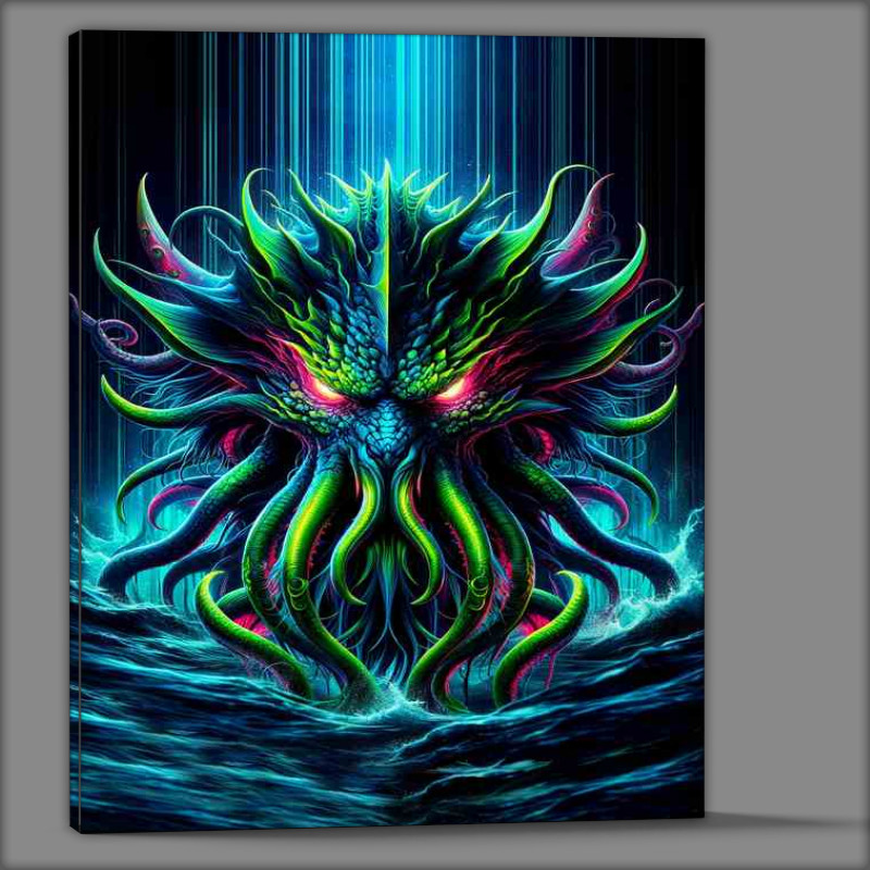 Buy Canvas : (A mythical kraken head illuminated with striking neon colors)