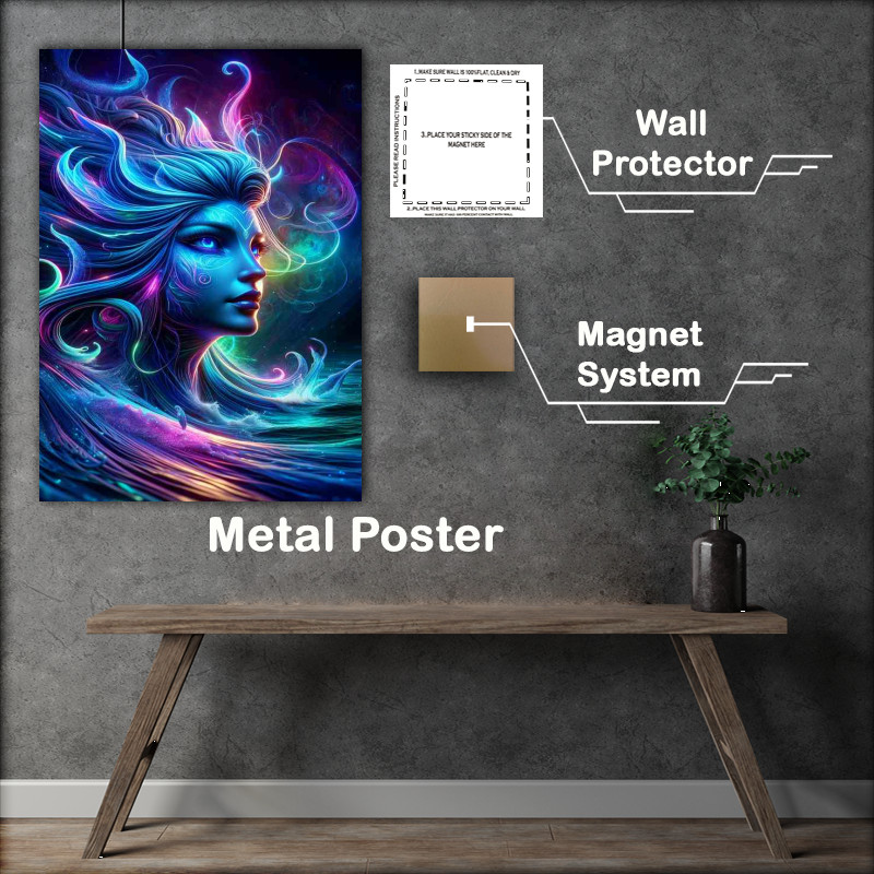Buy Metal Poster : (A mythical siren head glowing with surreal neon colors)