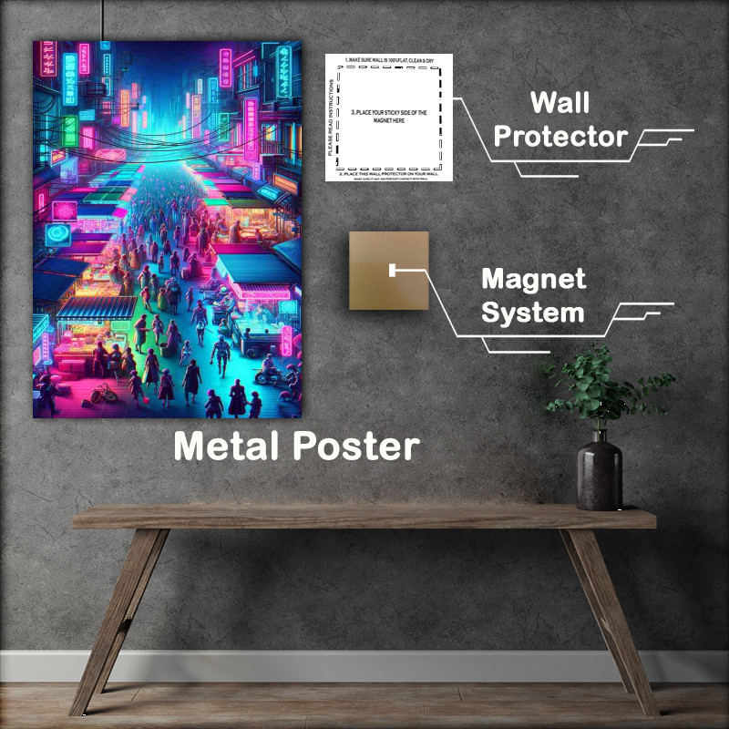 Buy Metal Poster : (A neon lit cyberpunk marketplace bustling with activity)