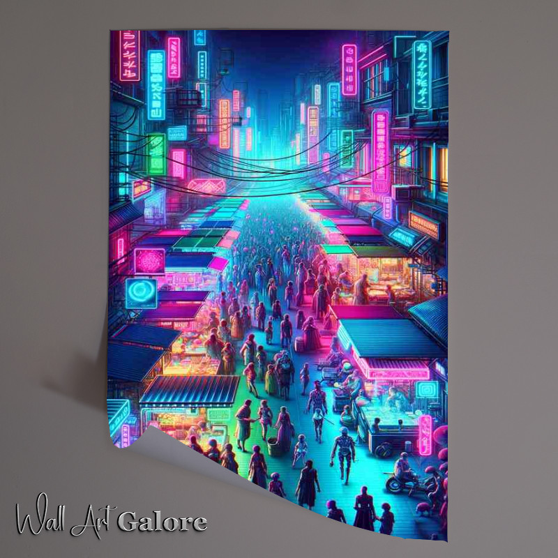 Buy Unframed Poster : (A neon lit cyberpunk marketplace bustling with activity)