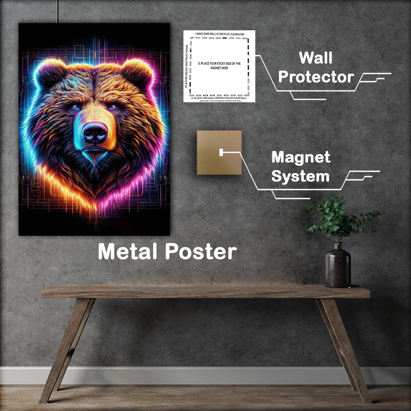 Buy Metal Poster : (A powerful bears head in neon digital art style)