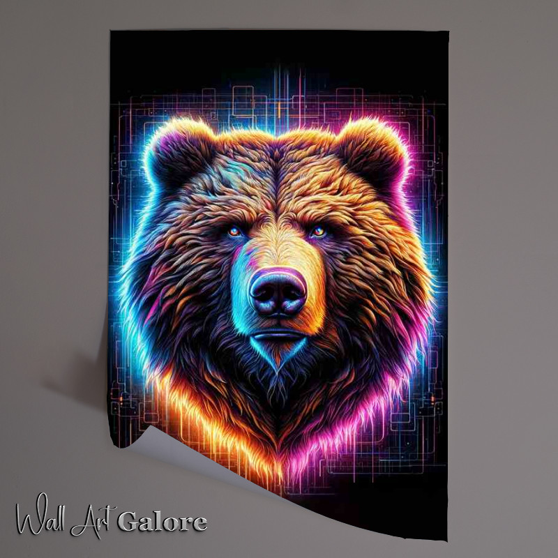Buy Unframed Poster : (A powerful bears head in neon digital art style)