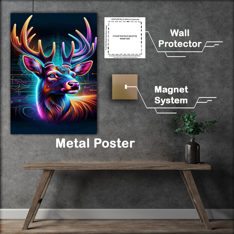Buy Metal Poster : (A regal deers head in neon digital art natural grace)