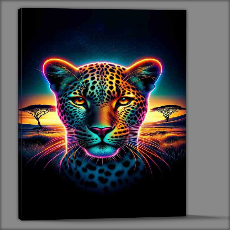 Buy Canvas : (A sleek leopards head in neon African savanna)