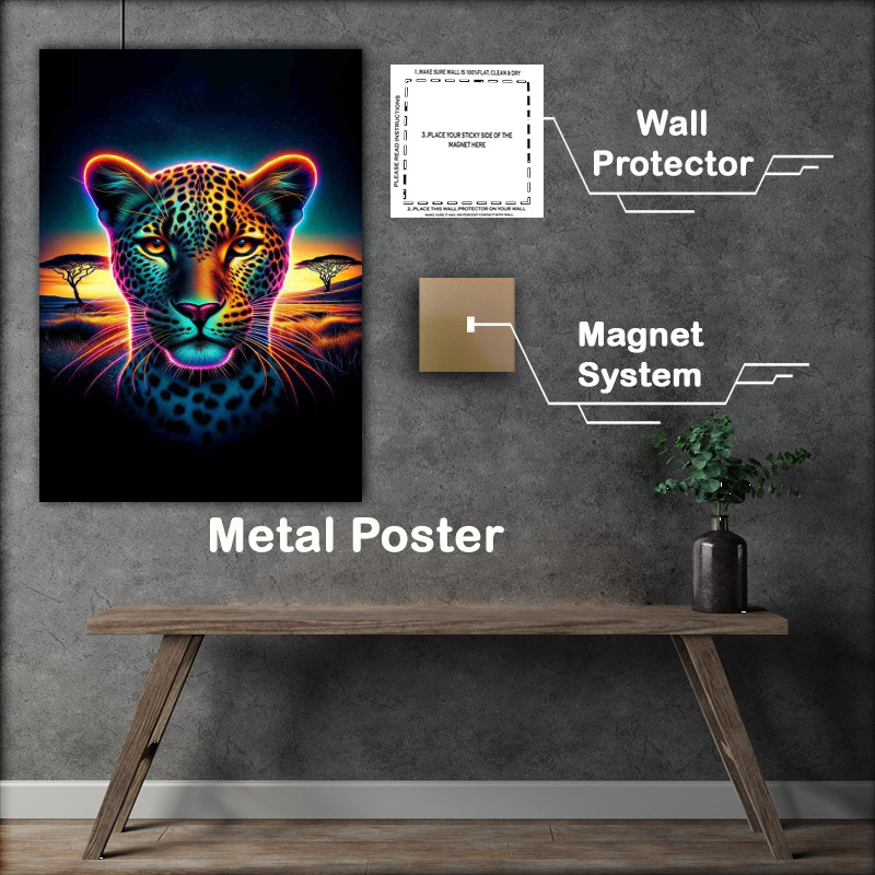 Buy Metal Poster : (A sleek leopards head in neon African savanna)