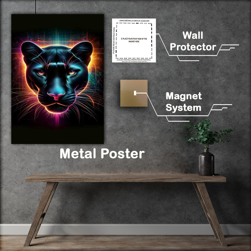 Buy Metal Poster : (A sleek panthers head in neon art mysterious allure)