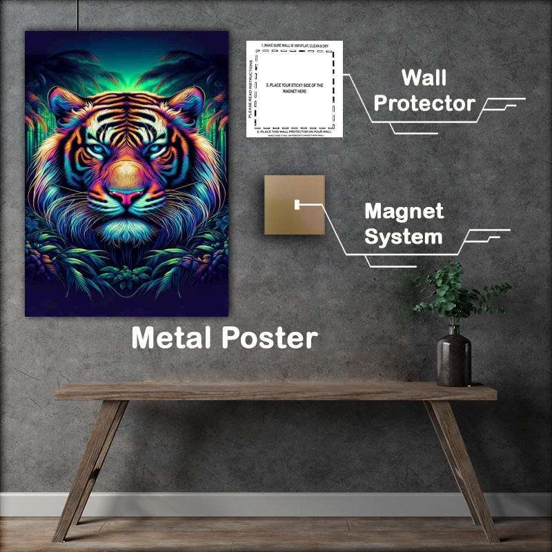 Buy Metal Poster : (A striking tigers head in neon digital art)