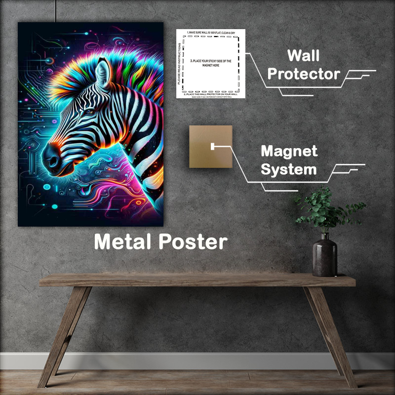 Buy Metal Poster : (A striking zebras head in neon digital art)