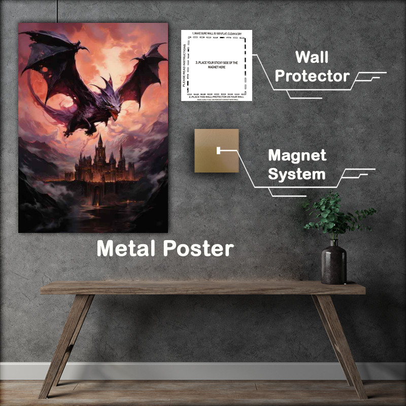 Buy Metal Poster : (Dragon flying over a castle with fire skies)